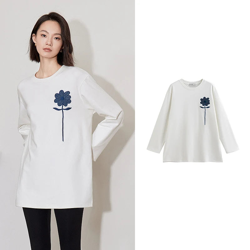 TOYOUTH Women Long Sleeve T-shirt 2024 Autumn and Winter New Denim Flower Embroidery Round Neck White T shirt Tops