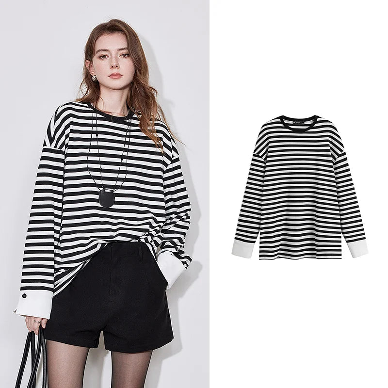 TOYOUTH Women Long Sleeve T-shirt 2024 Autumn New  American Style Striped Lazy Style Round Neck Warm Tops