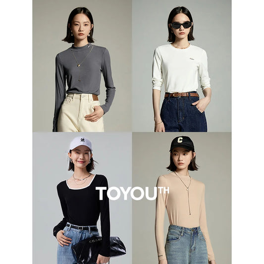 Toyouth Women Bottoming Tees 2023 Autumn Long Sleeve Multiple Necklines Slim Stretch T-shirt Comfort Basic Undershirt Tops