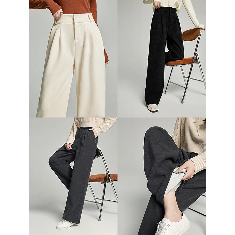 TOYOUTH Women Thicking Casual Pants 2024 Winter New Plush High Waist Straight Wide Leg Office Lady Long Pants