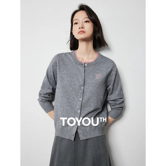 TOYOUTH Women Knitwear 2024 Autumn New Bowknot Embroidered Single Breased Button Round Neck Long Sleeve Cardigan