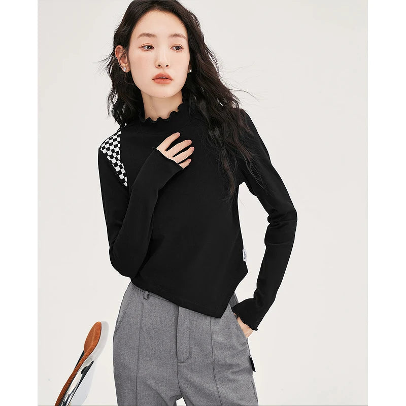 Toyouth Women Tees 2022 Winter Long Sleeve Petal Collar Elastic Fit Tshirt Black Splices Chessboard Casual Basic All Match Tops