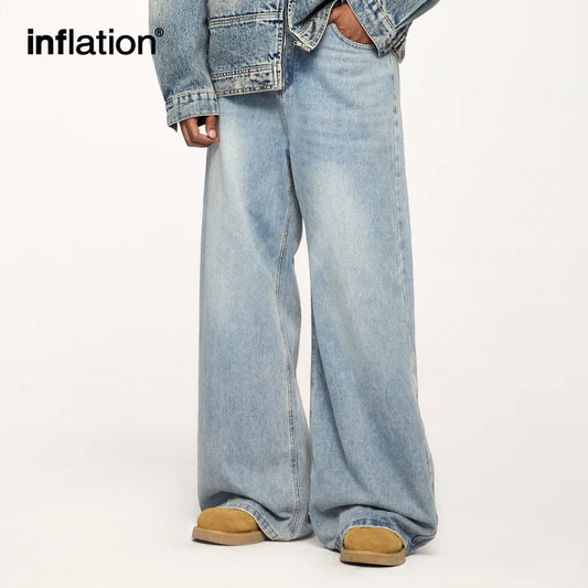 INFLATION Men's Distressed Wide-Leg Jeans American Vintage Washed Floor-Length Denim Pants