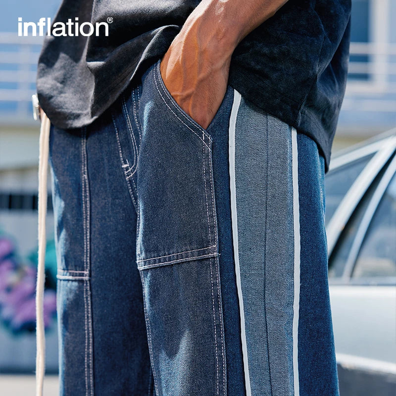 INFLATION Men High Street Patchwork Jeans Elastic Waist Straight Leg Denim Pants