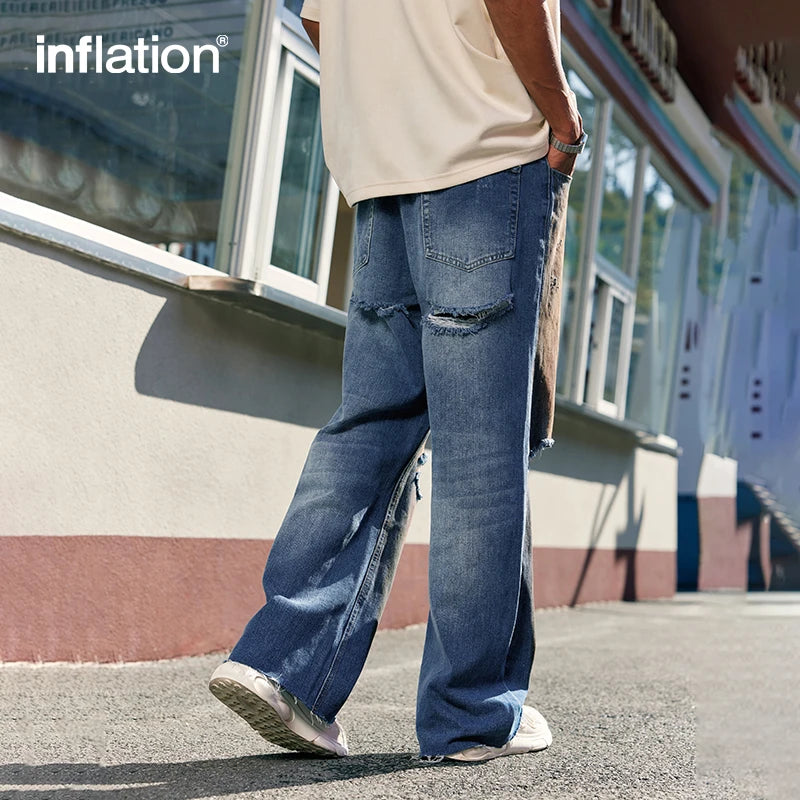 INFLATION Faded Effect Wide Leg Denim Pants Men Streetwear Distressed Loose Fit Ripped Jeans