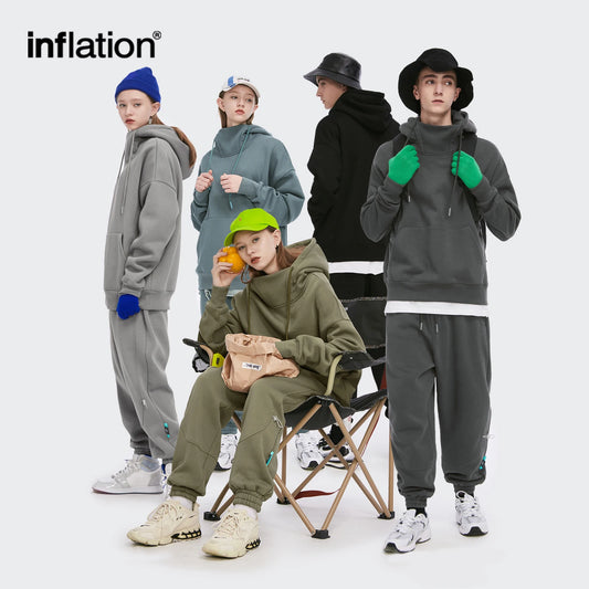 INFLATION Men Thick Fleece Tracksuit Winter Warm Hoodie and Sweatpant Set Unisex High Collar Oversized Jogging Suit