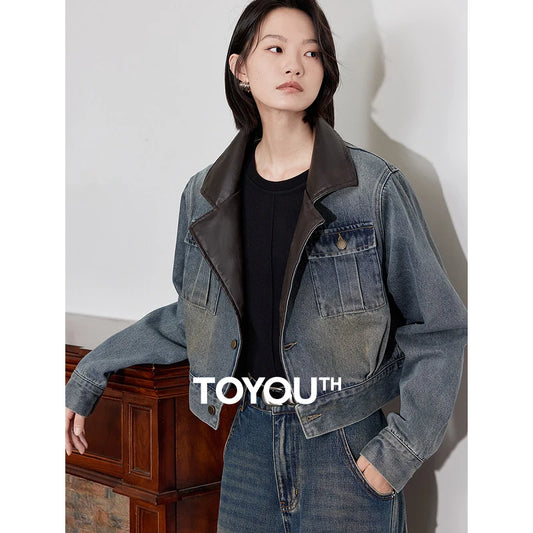 TOYOUTH Women Denim Jacket 2024 Autumn Winter New Short Style Leater Turn Down Collar Streetwear Jacket Coat