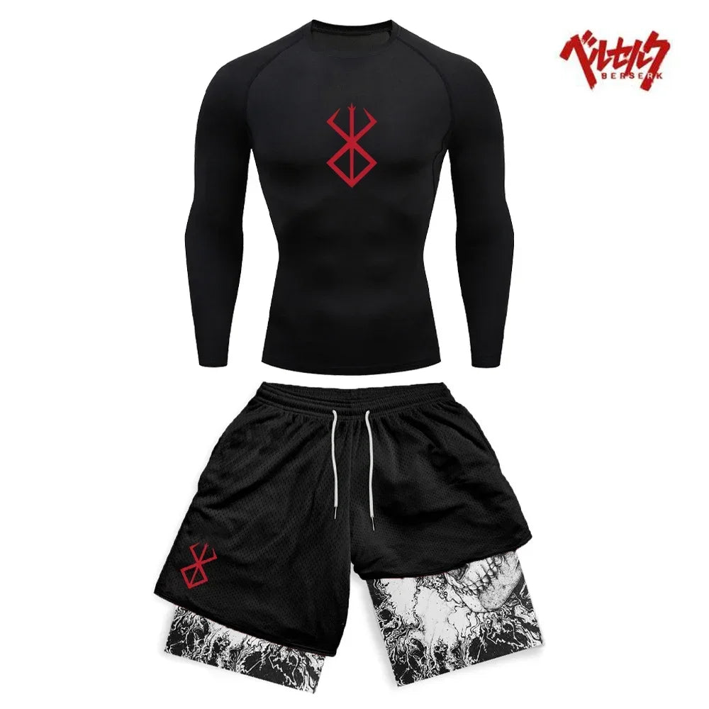 Anime Berserk Compression Set Fitness Suit for Men Quick Dry Compression Shirt+Gym Shorts Running Workout Summer Sportswear