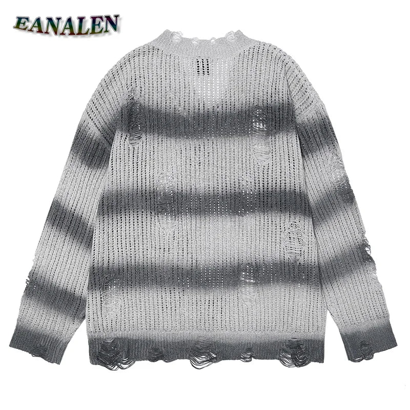 Harajuku Vintage Stripe Tie-Dye Knitted Sweater Women's Winter Designer Casual Oversized Ripped Butterfly Jumper V-Neck Pullover