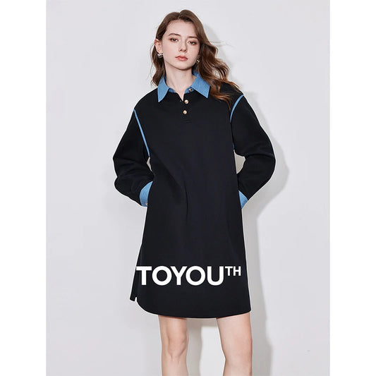 TOYOUTH Women Casual Dress 2024 Autumn Winter New Cowboy Splicing Turn Down Collar Straight Long Sleeve Knee Length Black Dress