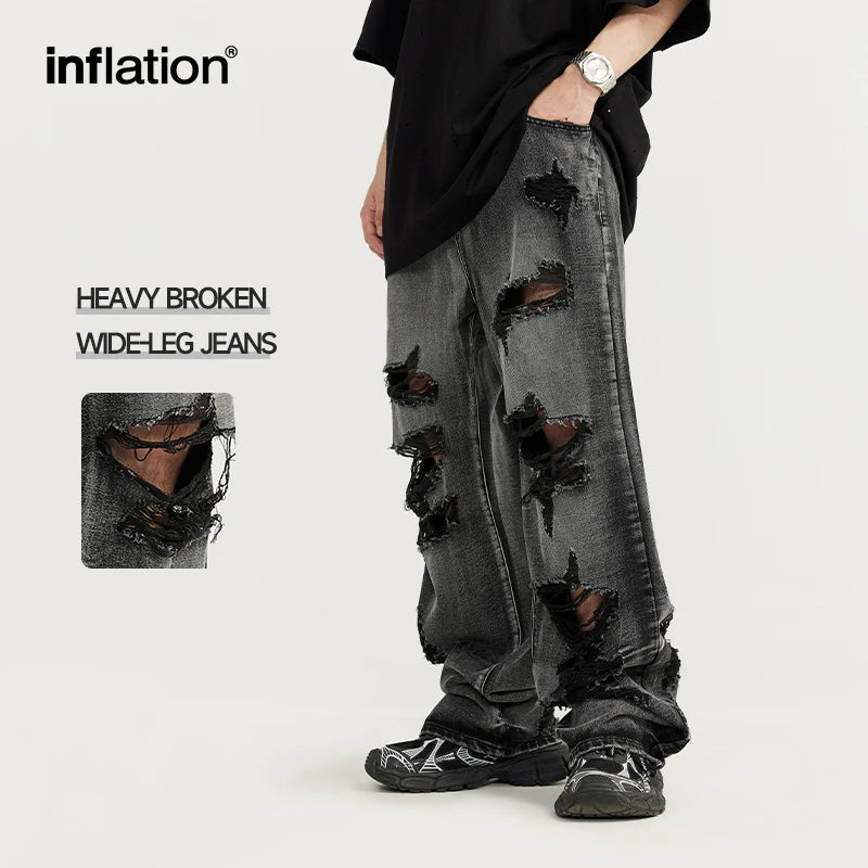 INFLATION Washed Ripped Distressed Jeans Men Streetwear Hip Hop Holes Denim Pants