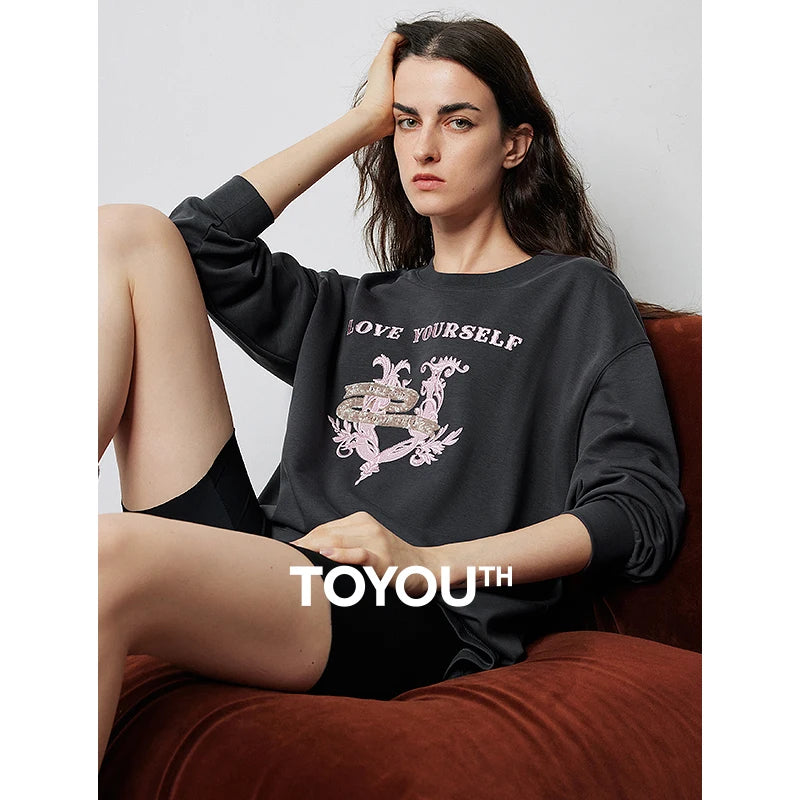 TOYOUTH Women T-shirt 2024 Autumn New Heavy Industry Dargon Pattern Embroidery Long Sleeve Pullover Tops Gray