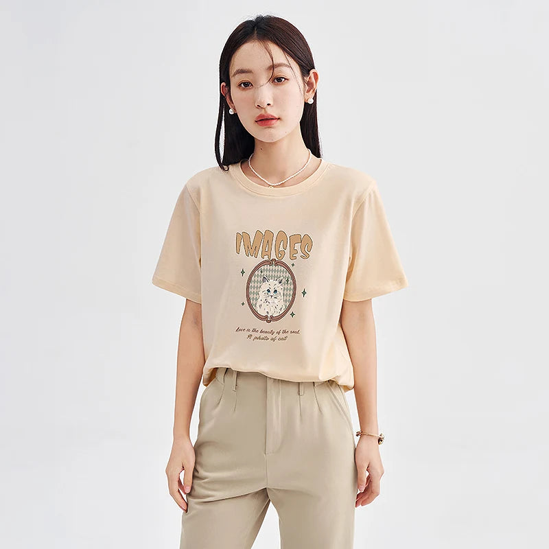 Toyouth Women T-shirt 2023 Spring Short Sleeve O Neck Loose Tees Cute Graphic Print Four Colors Pure Cotton Comfort Casual Tops