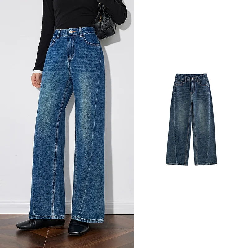 TOYOUTH Women Denim Jeans 2024 Autumn Winter New Cowboy Design Fashionable Mid Waist Straight Wide Leg Long Pants