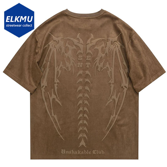 2023 Men Fashion Loose Suede T Shirts Skeleton Wings Graphic Harajuku Streetwear T-shirt Oversized Hip Hop Tshirt Unisex Tee Top