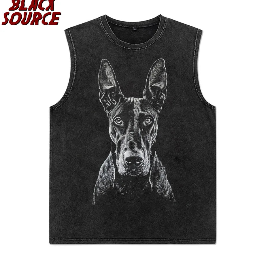 Men Streetwear Hip Hop Oversized T Shirt Funny Doberman Dog Graphic T-Shirt Vintage Washed Black Tshirt Harajuku Cotton P0843