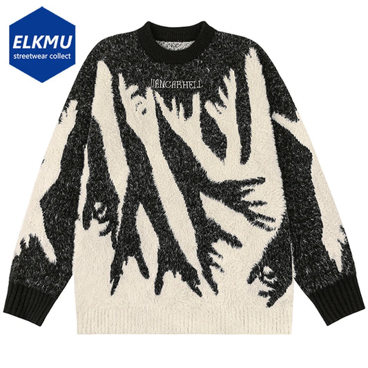 Men's Hip Hop Sweater Hands Graphic Loose Knit Jumper Streetwear Harajuku Oversized Pullover Sweaters for Male