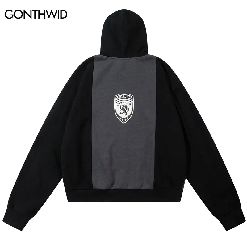 Hip Hop Hoodie Jacket Graphic Printed Patchwork Full Zip Up Hooded Sweatshirt Coat Streetwear Men Harajuku Casual Baggy Hoodies