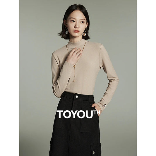 Toyouth Women Tees 2024 Winter Long Sleeve Half High Collar Slim Fit T-shirt Self Heating Warm Versatile Multicolour Tops