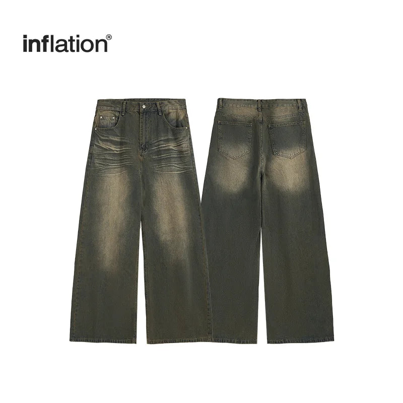 INFLATION Men's Vintage Washed Floor-Length Jeans American Street Style Loose-Fit Distressed Denim Pants