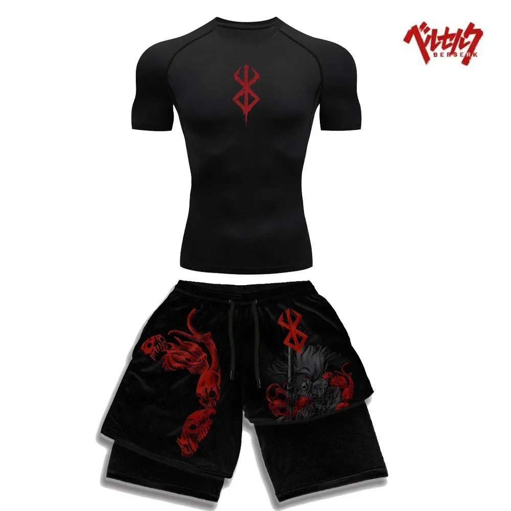 Anime Berserk Compression Set Fitness Suit for Men Quick Dry Compression Shirt+Gym Shorts Running Workout Summer Sportswear