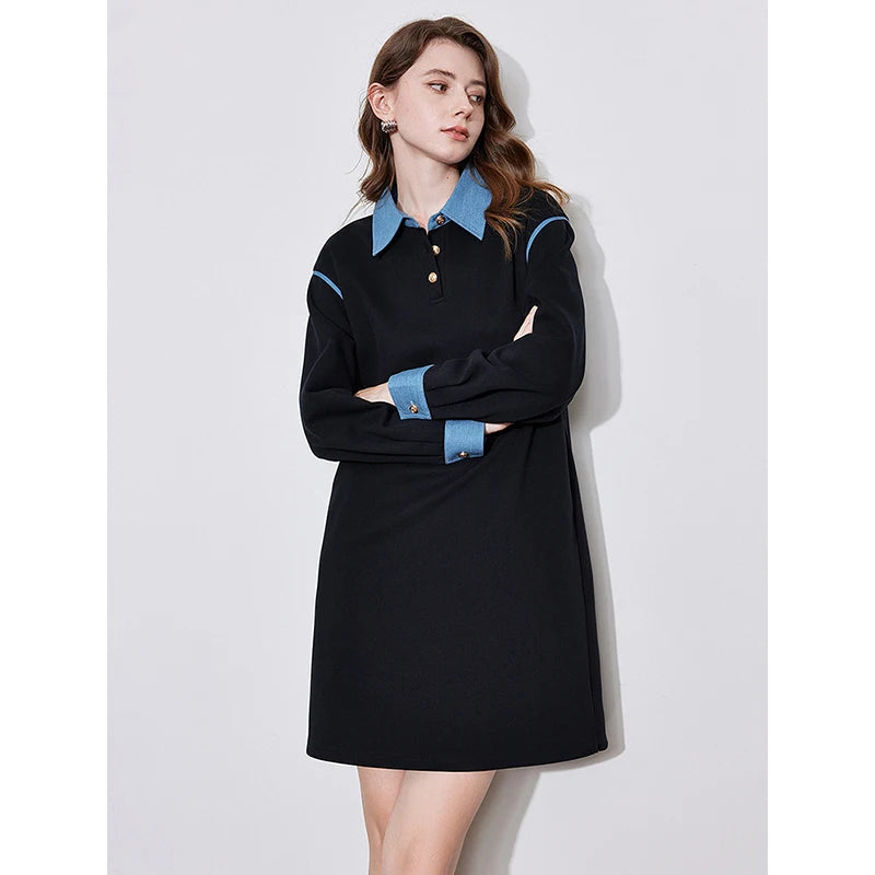 TOYOUTH Women Casual Dress 2024 Autumn Winter New Cowboy Splicing Turn Down Collar Straight Long Sleeve Knee Length Black Dress