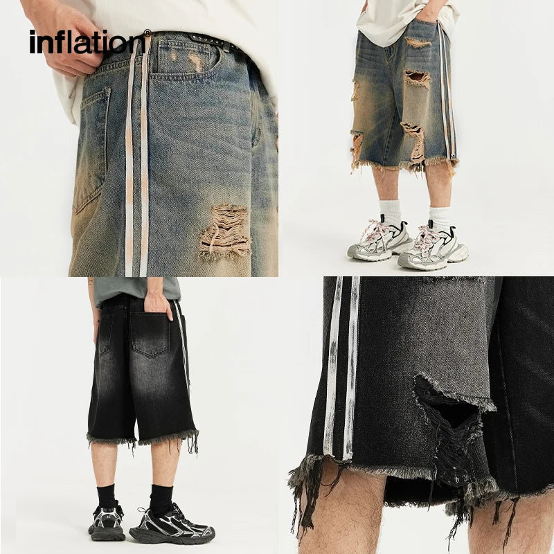 INFLATION Hip Hop Ripped Denim Shorts Men Trendy Patchwork Distressed Jeans for Men Streetwear