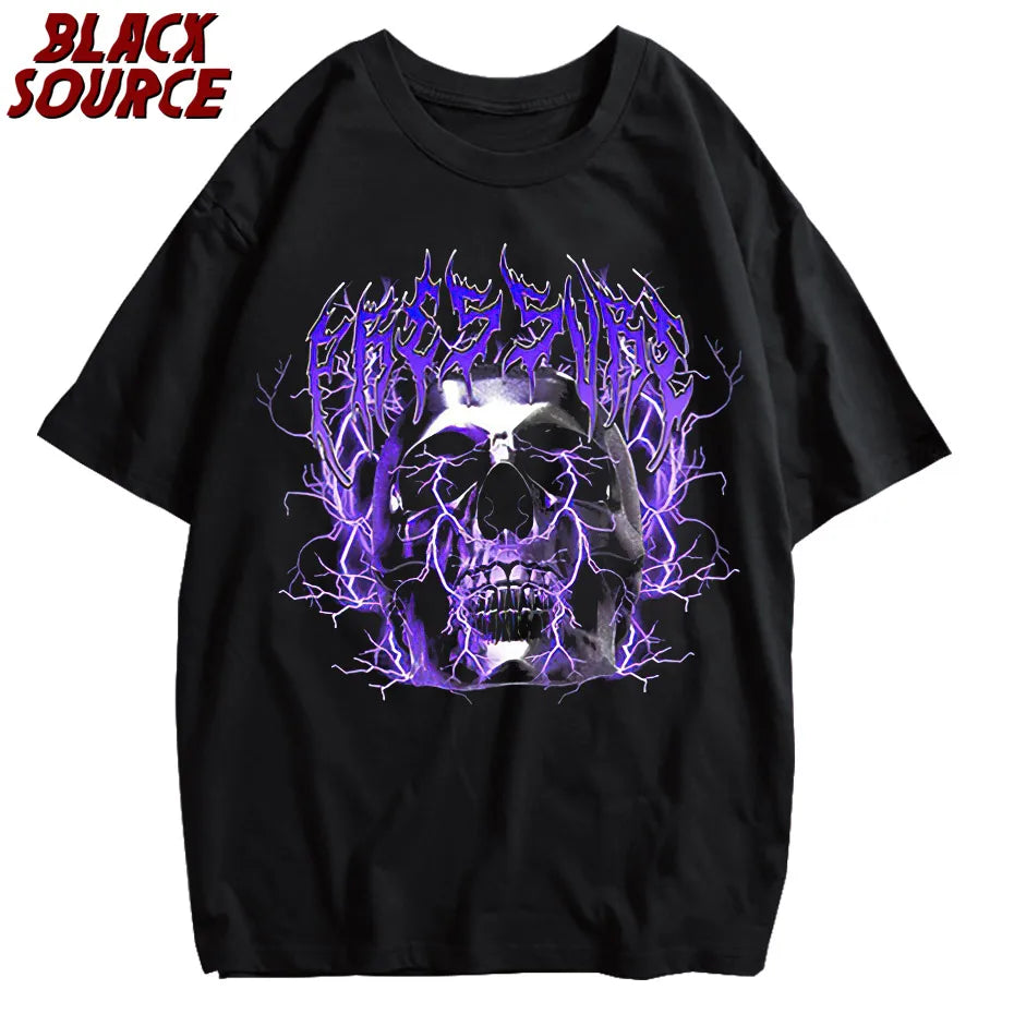 Y2K Hip Hop Black Oversized Cotton T-Shirt Gothic Skull Purple Print Harajuku Retro Aesthetic Gothic Graphic Punk Clothes