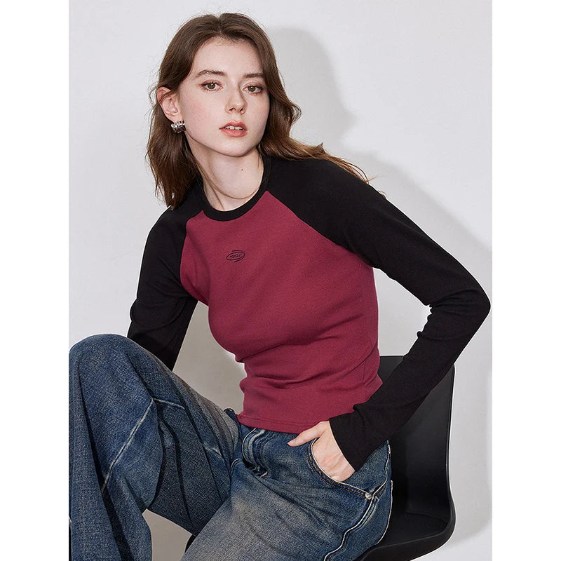 TOYOUTH Women Long Sleeve T shirt 2024 Autumn Winter New American Style Contrasting Color Round Neck Slim Fit Tee Tops