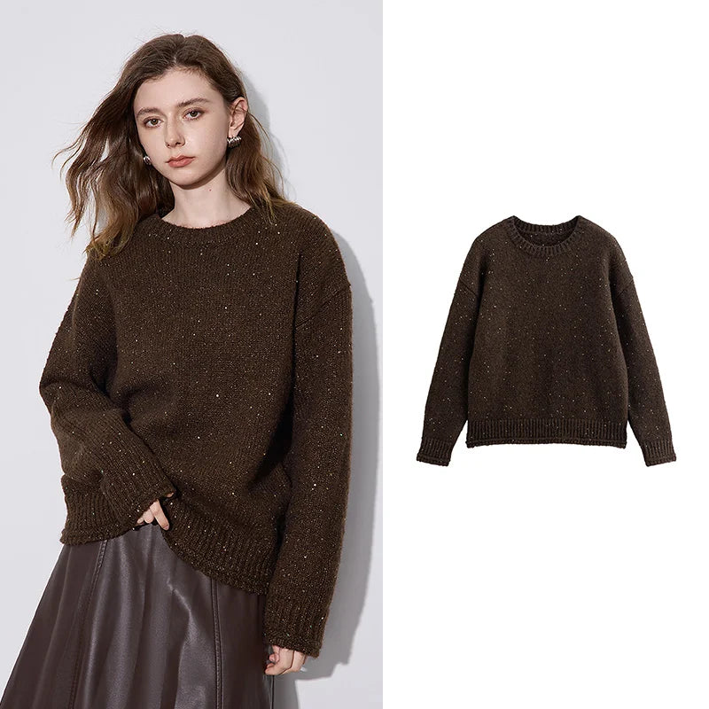 TOYOUTH Women Sweater 2024 Autumn Winter New Bead Sparkling Round Neck Camel Velvet Knitted Pullover Sweater