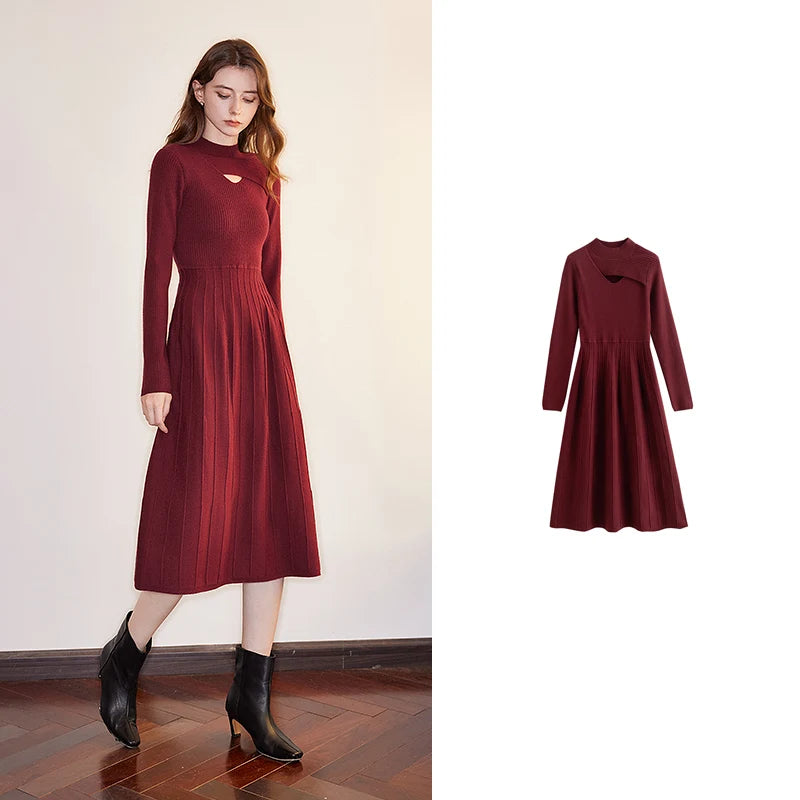 TOYOUTH Women Knitted Dress 2024 Autumn and Winter New Turtleneck Collar Hollow Out Knitted Medium Long Woolen Dress