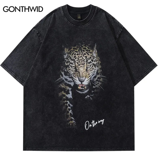 Men Vintage Washed Tshirt Hip Hop Animal Leopard Graphic Print Streetwear Oversized T-Shirt Y2K 2023 Fashion Harajuku Punk Tops