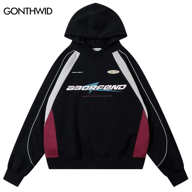 Vintage Hoodie Y2K Graphic Printed Patchwork Racing Hooded Sweatshirt Hip Hop Harajuku Casual Baggy Sports Pullover Streetwear