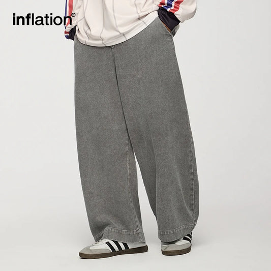 INFLATION Men's Washed Vintage Pants American Streetwear Loose-Fit Water-Washed Floor-Length Trousers