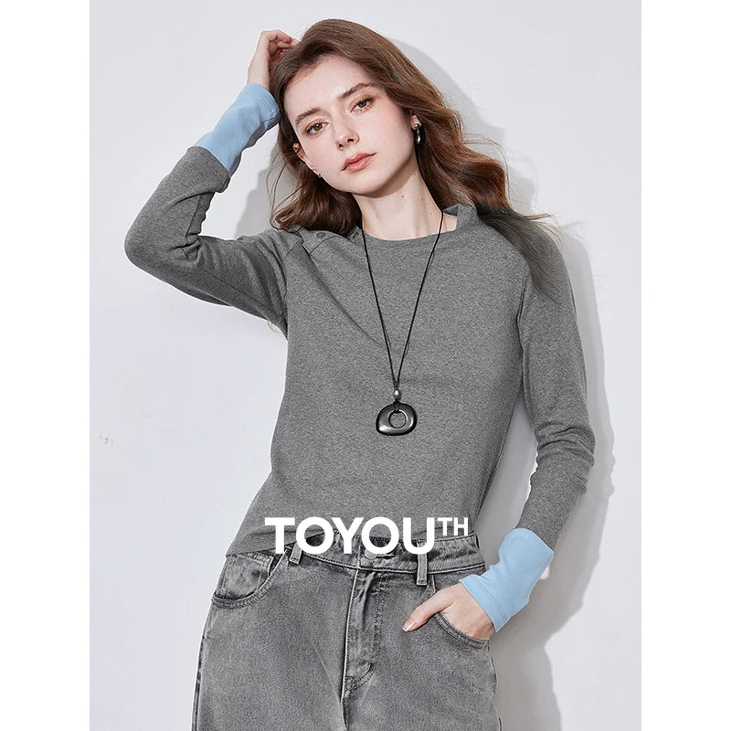 TOYOUTH Women Long Sleeve T-shirt 2025 Spring New Contrasting Color Patchwork Long Sleeve Skinny Basic Tops