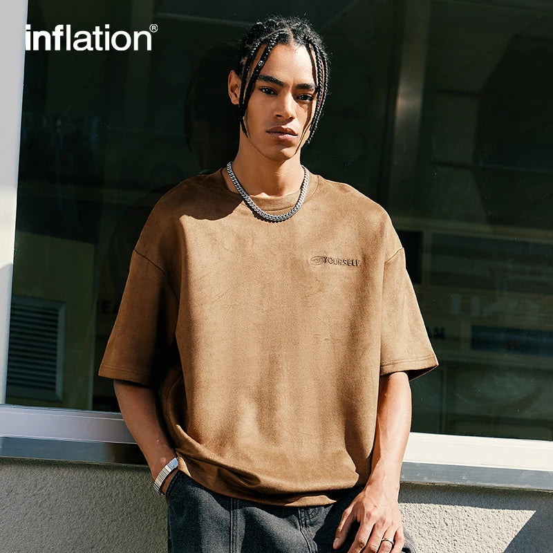 INFLATION Suede Fabric Half Sleeved Tshirt Men Embroidery Oversized Tees Unisex Tops