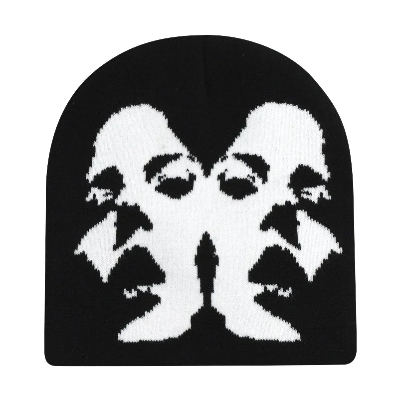 2024 Fashion Face Pattern Beanies Hip Hop Y2K Street Hat Women Men Dance Fire Hell Burn Winter Warm Knitted Bonnet Skiing Hat