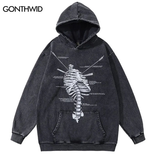 Men Vintage Hoodie Streetwear Hip Hop Skull Skeleton Graphic Print Oversize Hooded Sweatshirt Fashion Punk Gothic Washed Hoodies