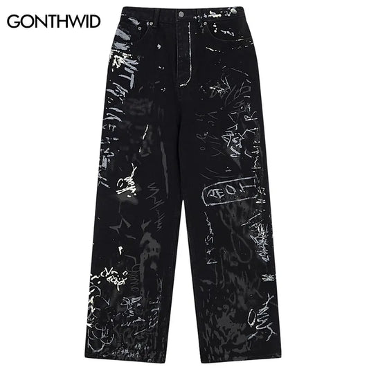 Hip Hop Black Jeans Y2K Men Graffiti Print Straight Wide Baggy Loose Denim Pants Streetwear 2023 Harajuku Fashion Punk Trousers