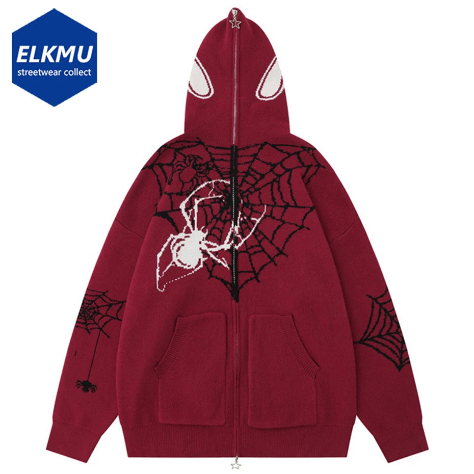 Men Hip Hop Sweater Spider Web Graphic Hooded Knit Sweaters Zipper Cardigan Streetwear Oversized Sweater Knitted Hoodie Jacket