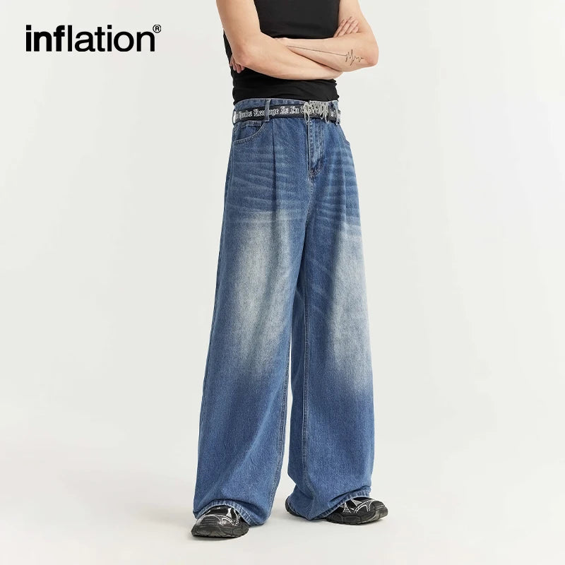 INFLATION High Street Wide Leg Jeans Men Washed Baggy  Denim Trousers