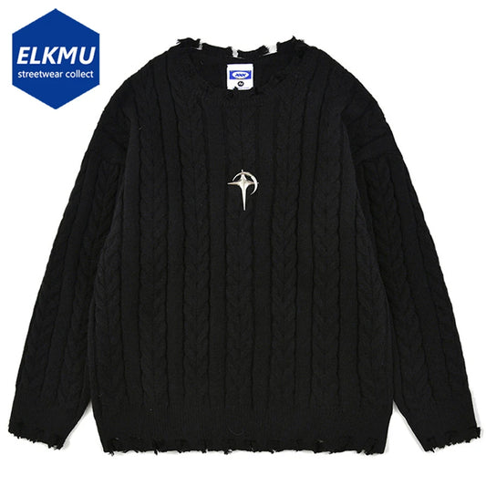 Hip Hop Oversized Sweaters Harajuku Streetwear Jumper Men Black Beige Loose Knitted Sweater Pullovers Y2K