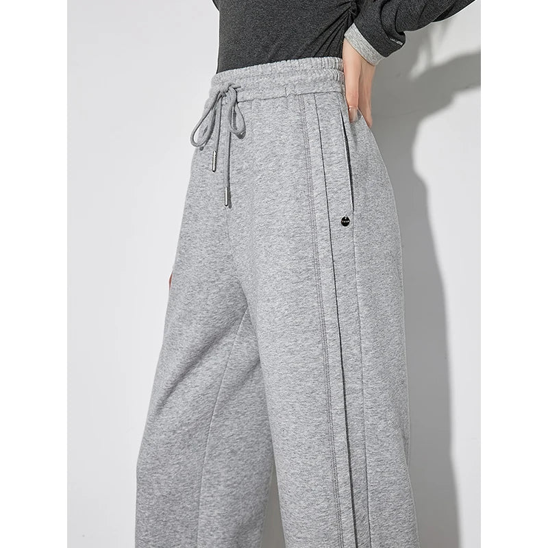 TOYOUTH Women Fleece Sweatpants 2024 Autumn and Winter New Drawstring Elastic Waist Straight Wide Leg Sports Casual Pants