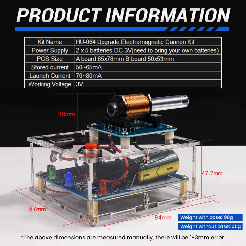 High Voltage Electromagnetic Gun HU-064 DIY Electronic Kit Coil Booster Module Circuit Making Acrylic Case Without Battery