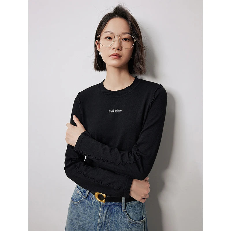 TOYOUTH Women Knitted Sweater 2024 Autumn New Round Neck Wave Edge Letter Embroidery Slim Waist Basic Shirt Tops