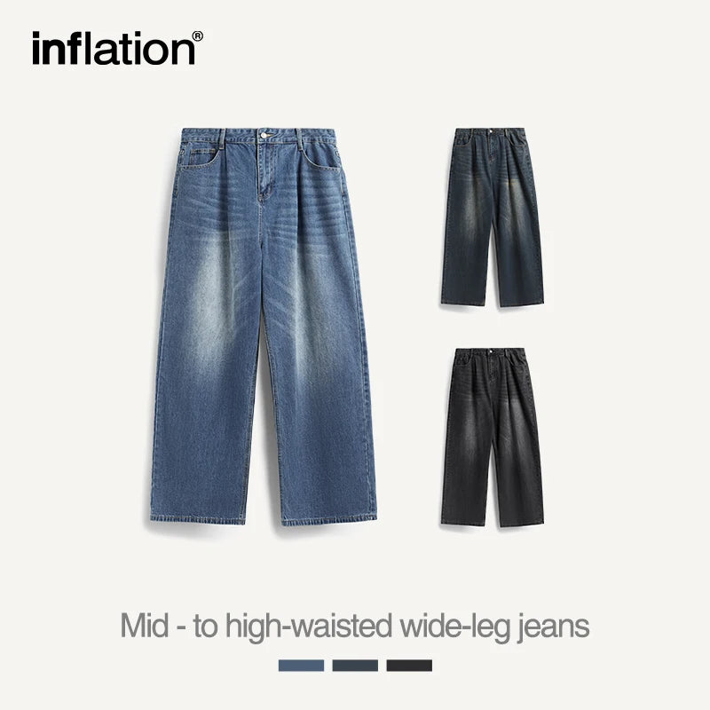 INFLATION High Street Wide Leg Jeans Men Washed Baggy  Denim Trousers