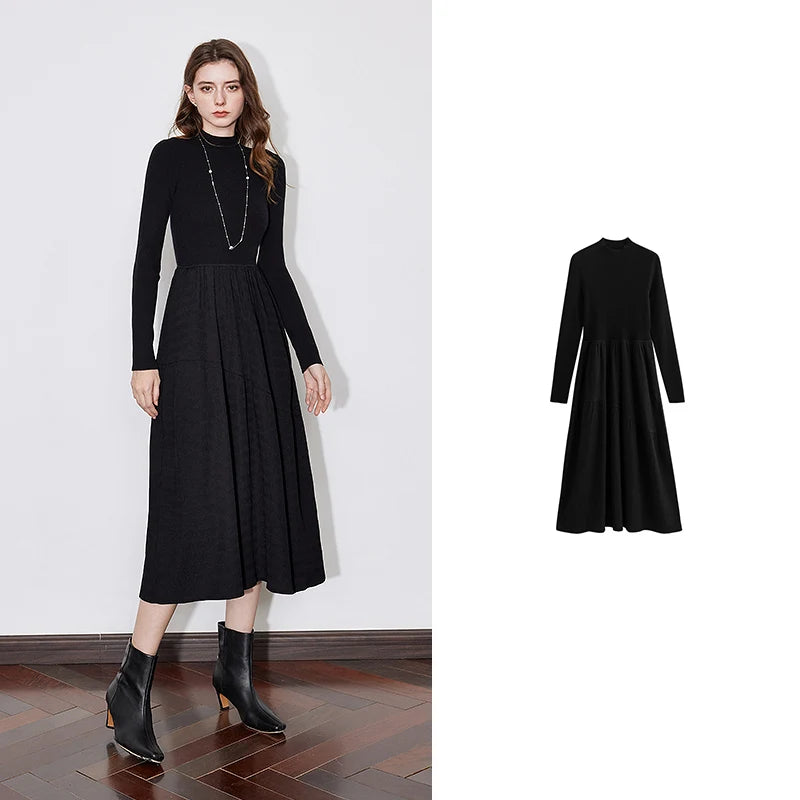 TOYOUTH Women Dress 2024 Autumn Winter New Turtleneck Collar Splicing Mid Length Slim Fit Warm Black Dress