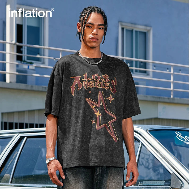 INFLATION Distressed Effect Full Printed T-shirt Mens Streetwear Hip Hop Tees