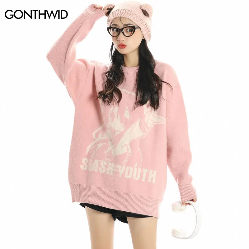 Harajuku Sweater Y2K Knitted Japanese Anime Cartoon Girl Jumper Streetwear 2024 Hip Hop Men Casual Loose Pullover Black Pink