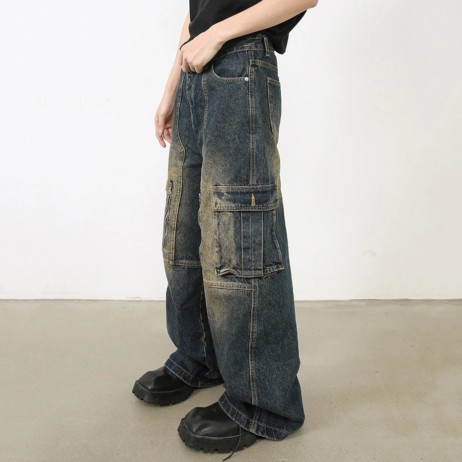 Men Vintage Baggy Jeans Blue Loose Straight Denim Pants Multi Pocket Retro Blue Jeans Trousers Male